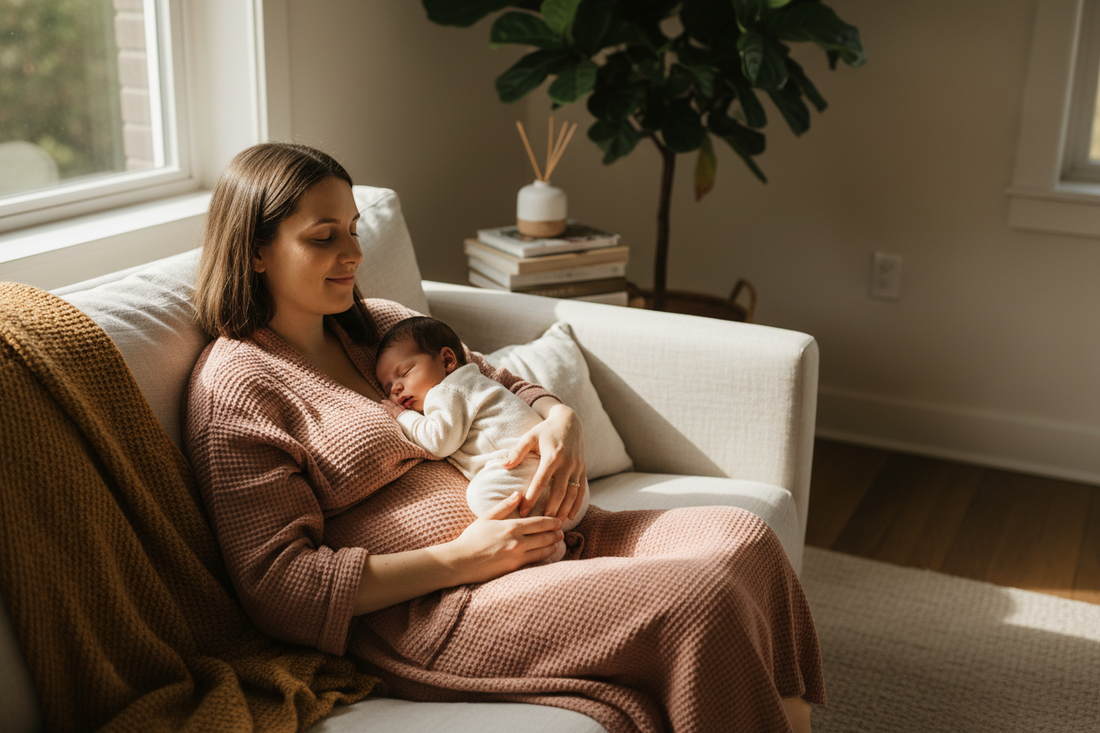Woman in pink robe relaxing on couch with newborn, representing postpartum recovery.